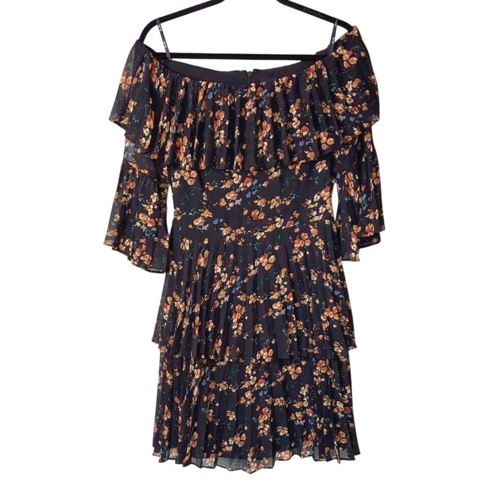 Bardot Ditsy Pleat Off‎ Shoulder Tiered Dress 6 Floral Black New with Tags